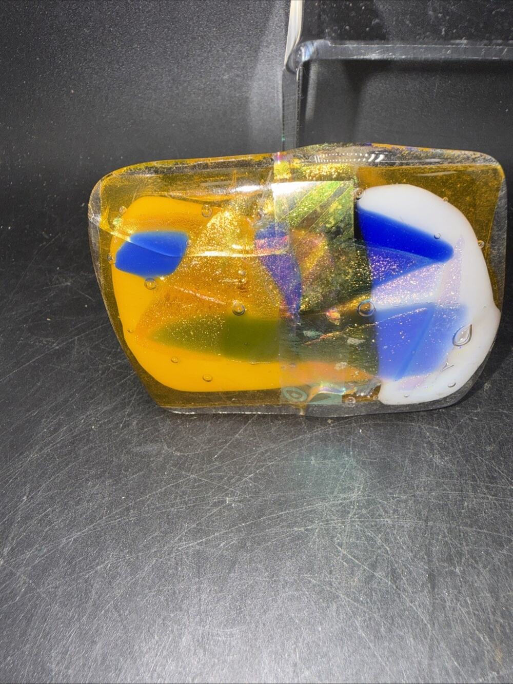 Vintage Handmade Fused Art Glass Belt Buckle Amber Blue White Abstract Studio